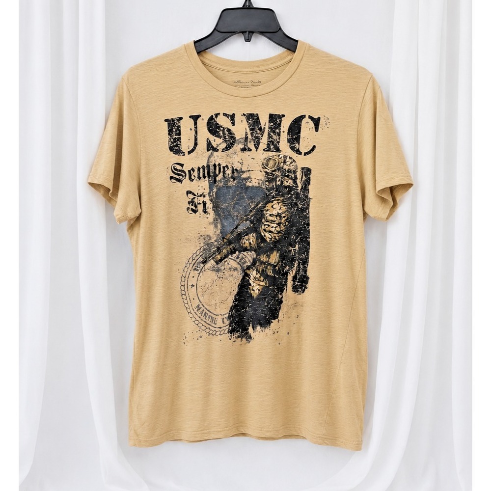 USMC Graphic T Shirt Mens XL Tan Distressed Military Combat Cotton Tee
